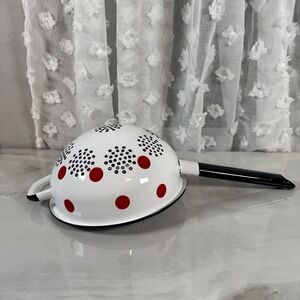 Vintage Enameled Colander with Handle White Black Red Polka Dot Display